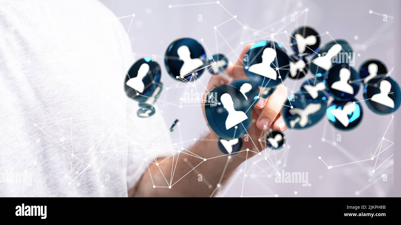 Un rendering 3D di icone umane con tocco manuale su di esso dal concetto di comunicazione dietro Internet Foto Stock