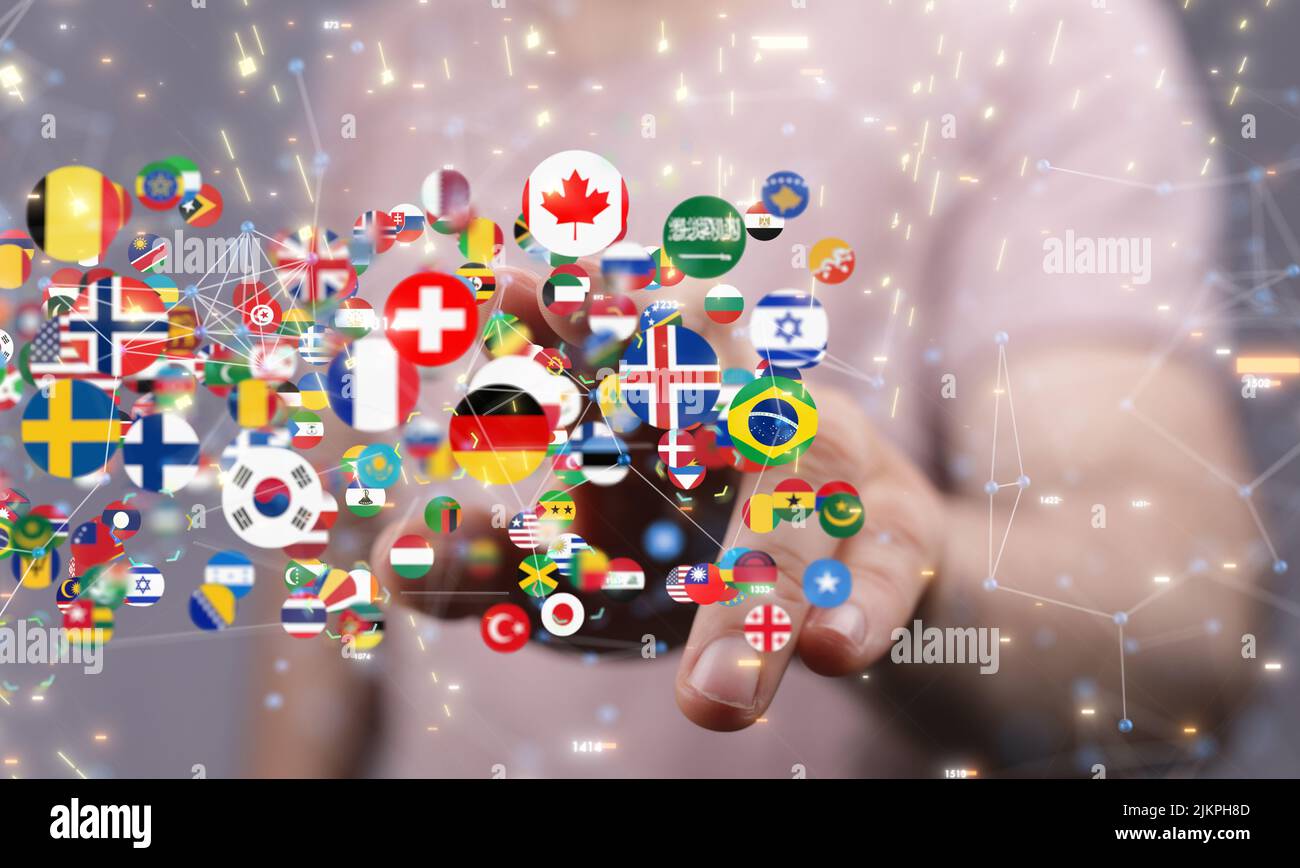 Un rendering 3D delle bandiere dei paesi con un tocco manuale su di esso dal concetto di comunicazione dietro-globale Foto Stock