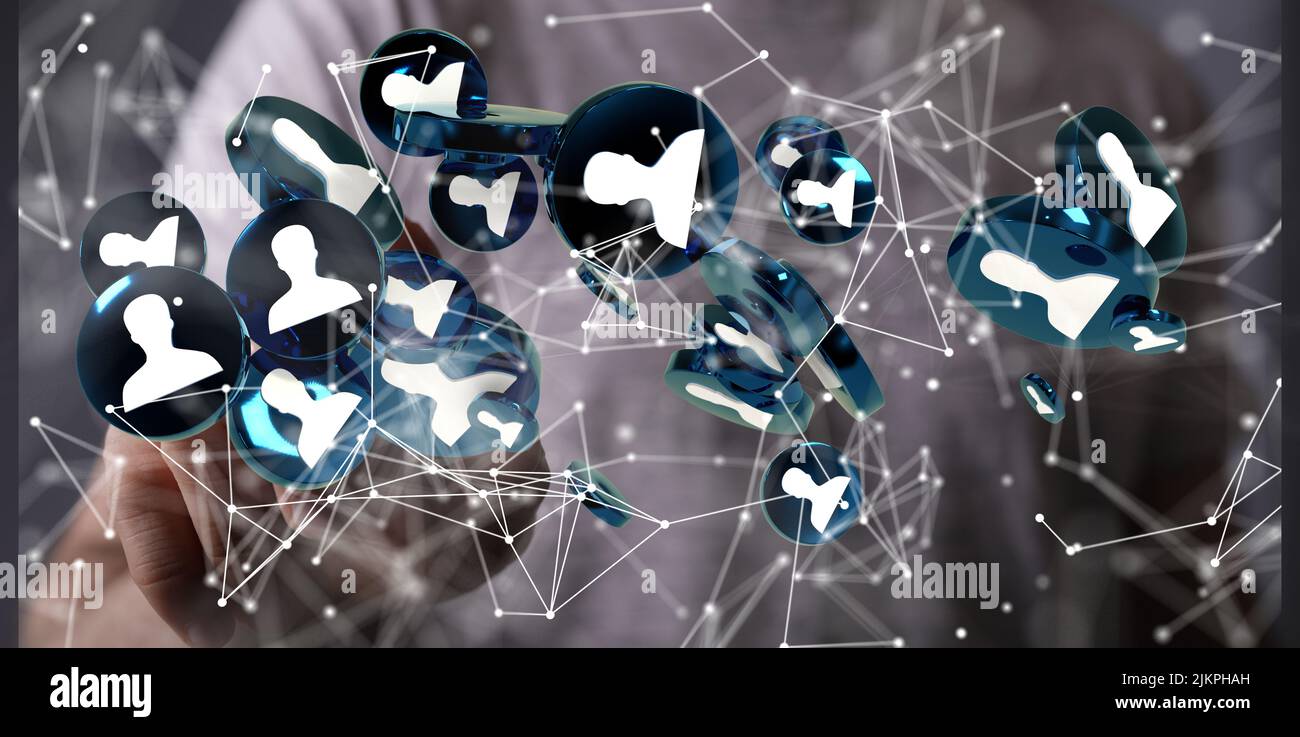 Un rendering 3D di icone umane con tocco manuale su di esso dal concetto di comunicazione dietro Internet Foto Stock