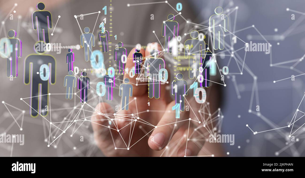 Un rendering 3D di icone umane fluttuanti con codici binari - concetto di connessione di social network Foto Stock