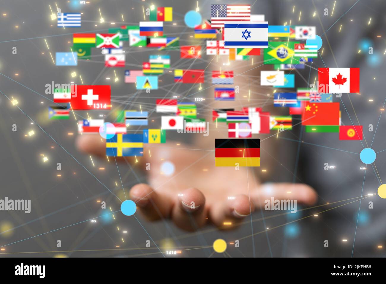 Una rappresentazione 3D delle bandiere nazionali rispetto al concetto di comunicazione globale Foto Stock