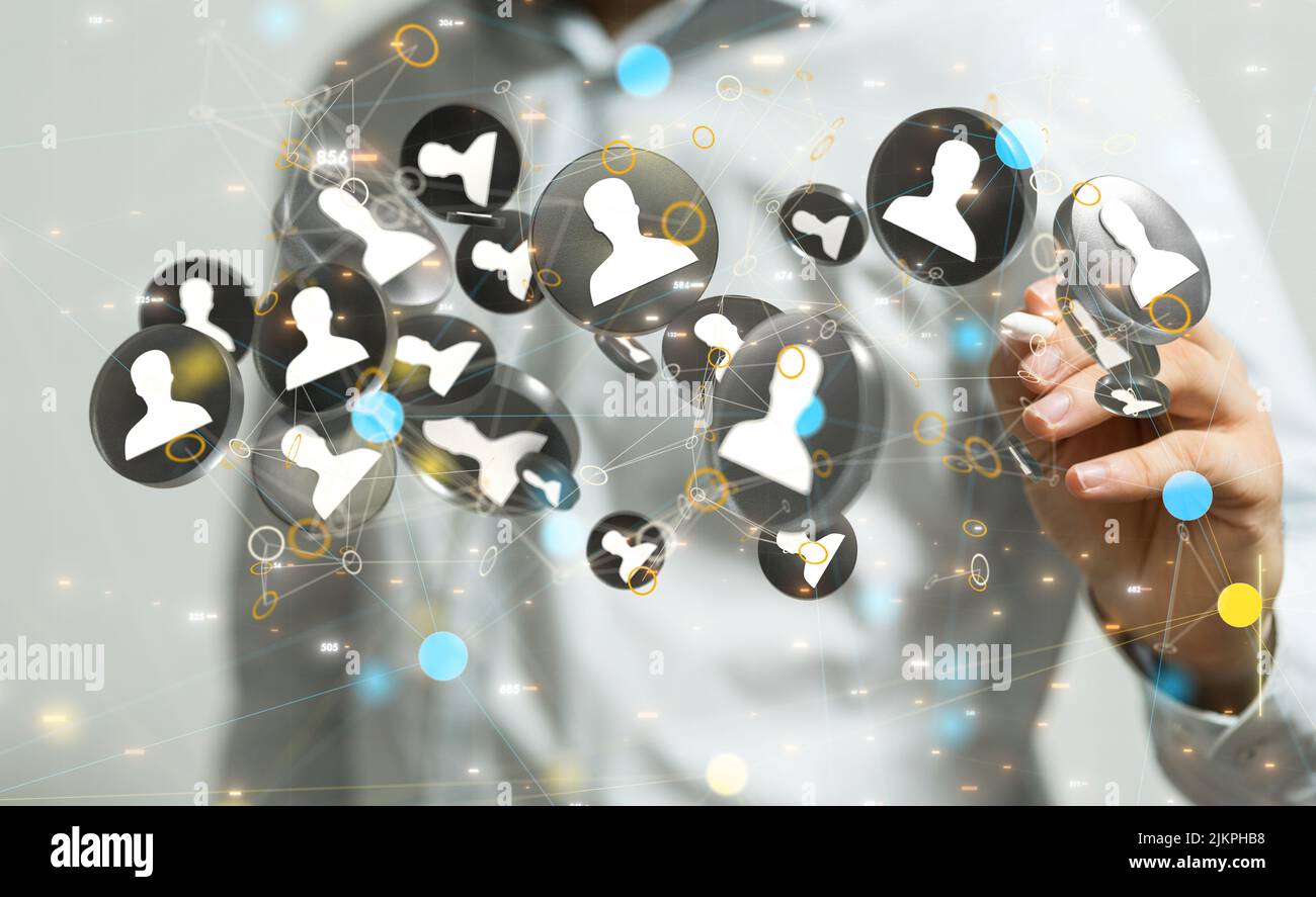 Un rendering 3D di icone umane con tocco manuale su di esso dal concetto di comunicazione dietro Internet Foto Stock