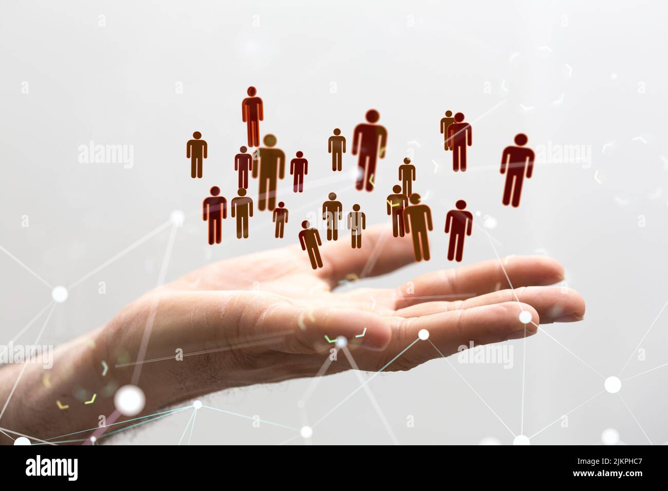 Un rendering 3D di icone umane su un concetto di comunicazione mano-social network Foto Stock