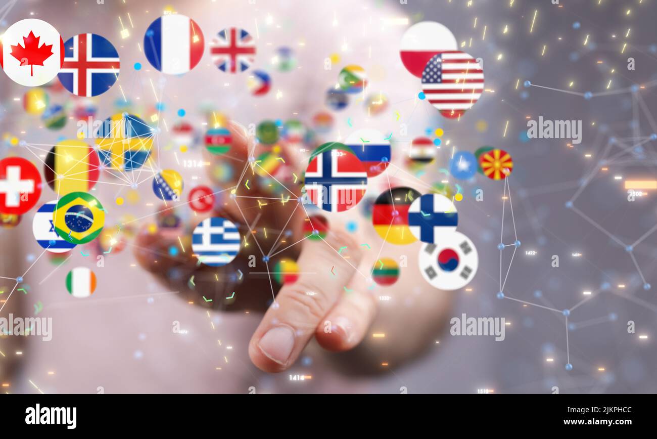 Un rendering 3D delle bandiere nazionali del mondo con la mano che tocca su di esso dal concetto di comunicazione dietro il mondo Foto Stock
