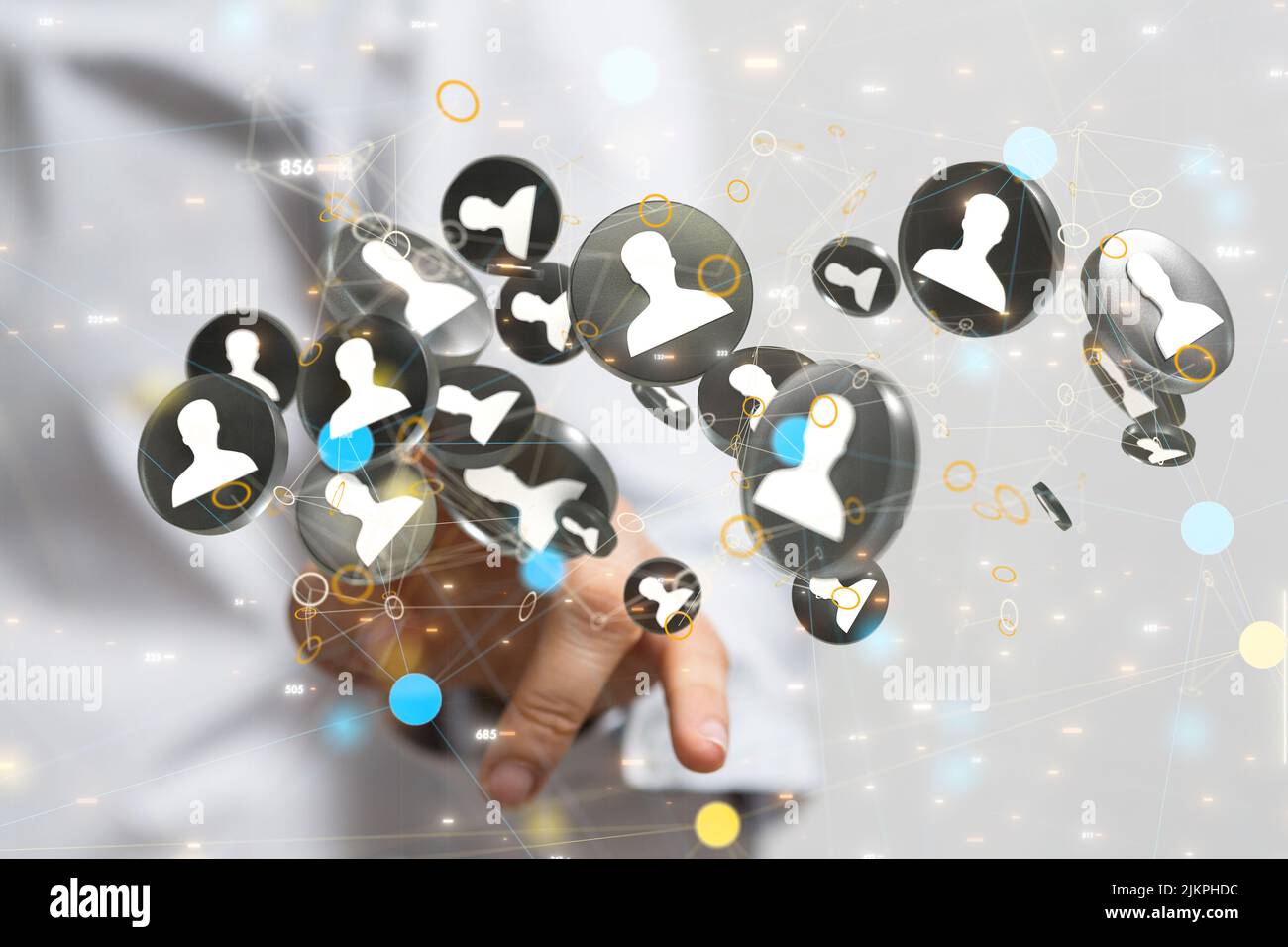 Un rendering 3D di icone umane con tocco manuale su di esso dal concetto di comunicazione dietro Internet Foto Stock