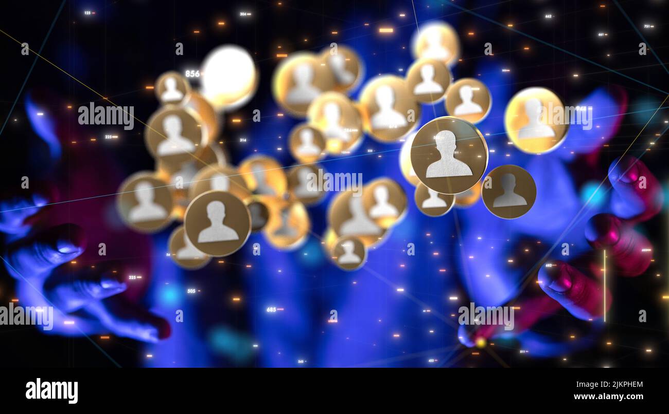 Un rendering 3D di icone umane con tocco manuale su di esso dal concetto di comunicazione dietro Internet Foto Stock