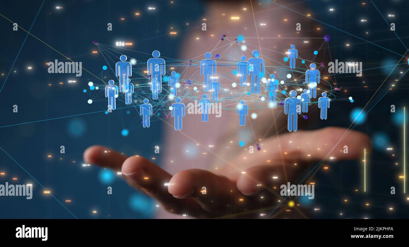 Un rendering 3D di icone umane su un concetto di comunicazione mano-social network Foto Stock