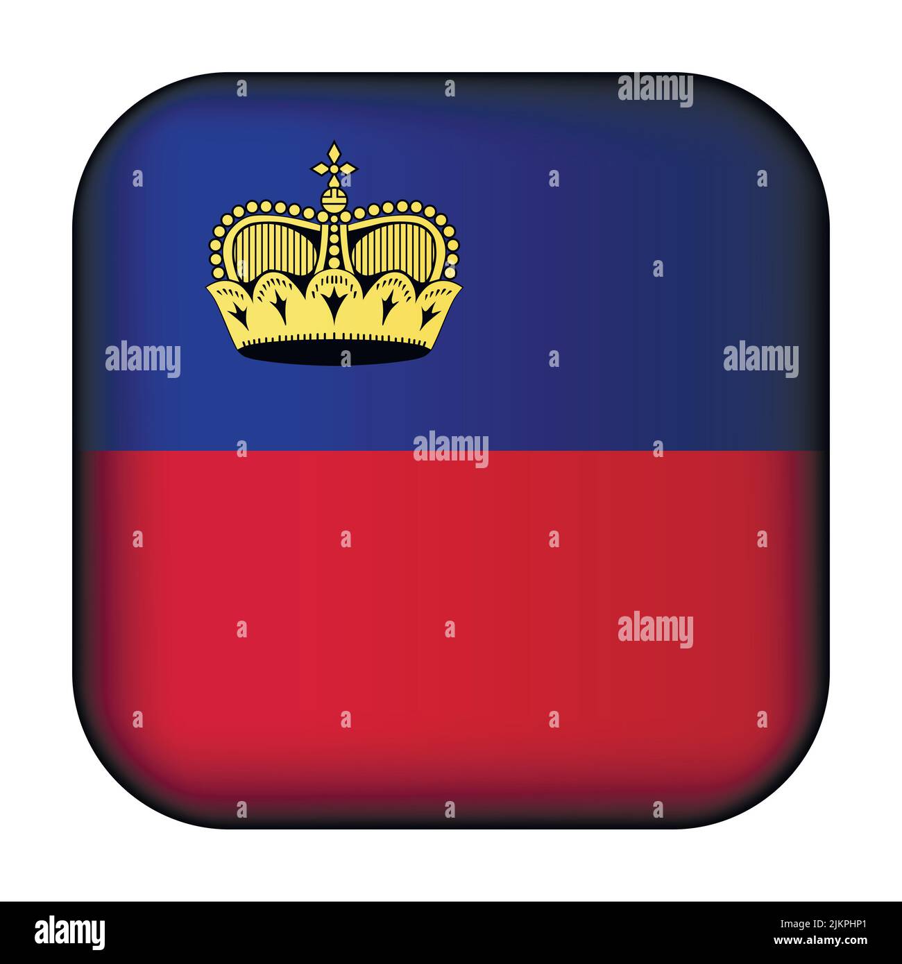 Palla di vetro con bandiera del Liechtenstein. Icona del modello quadrata. Simbolo nazionale. Cubo lucido realistico, illustrazione vettoriale astratta 3D Illustrazione Vettoriale