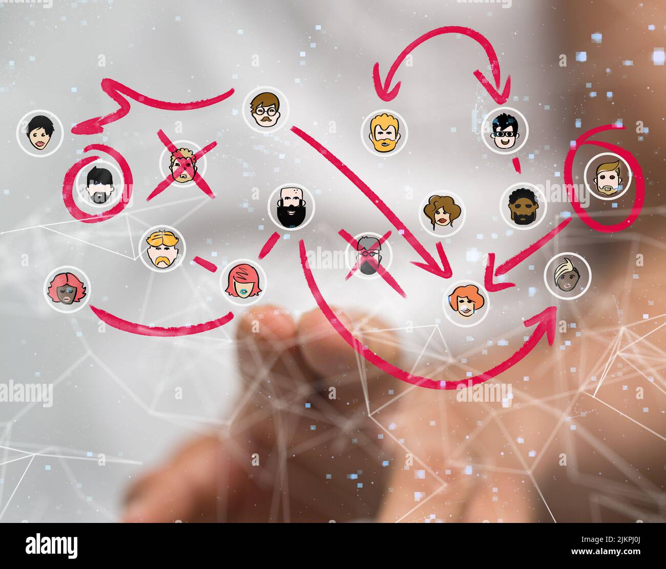 Un rendering 3D di illustrazioni cartoon persone collegate con linee rosa e dita puntate Foto Stock