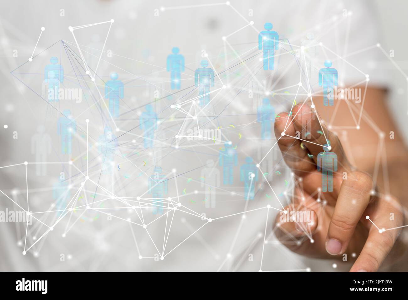 Un rendering 3D di persone con ologramma su un tablet tenuto da una conferenza maschile Digital Network e concetto di dati Foto Stock