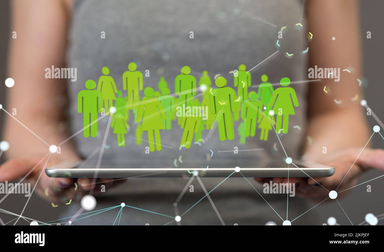 Un rendering 3D di persone con ologramma su un tablet tenuto da una conferenza maschile Digital Network e concetto di dati Foto Stock