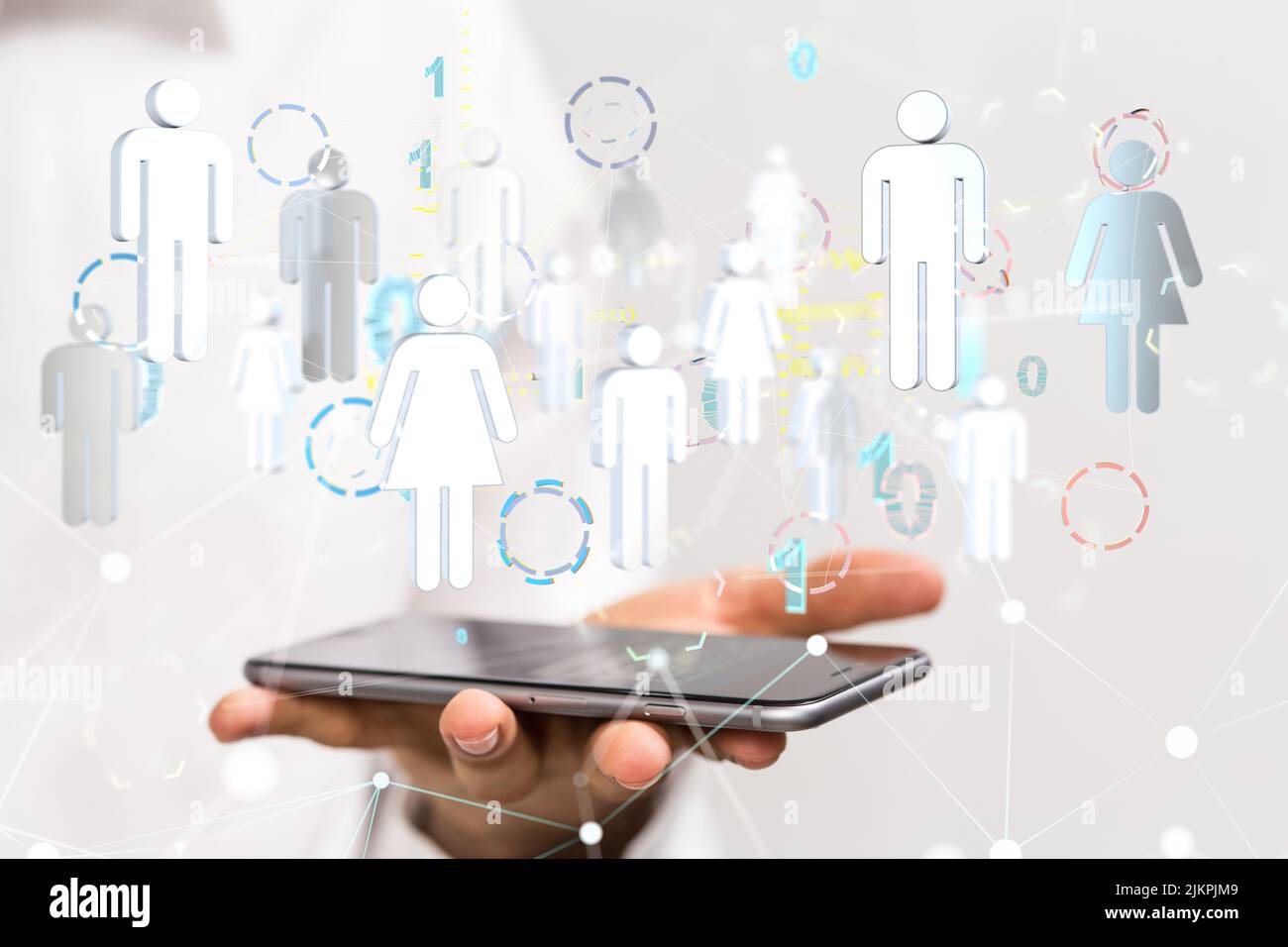 Un rendering 3D di persone con ologramma su un tablet tenuto da una conferenza maschile Digital Network e concetto di dati Foto Stock