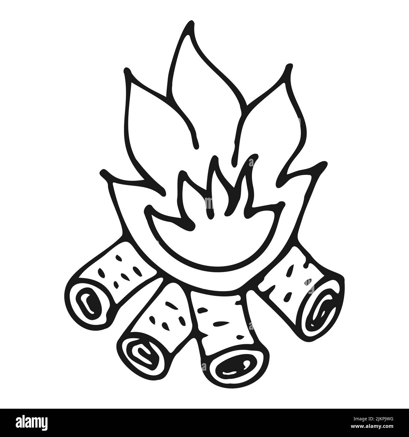 Falò ardente con legna in stile doodle. Fiamma, fuoco disegnato a mano contorno nero su sfondo bianco.illustrazione vettoriale. Illustrazione Vettoriale