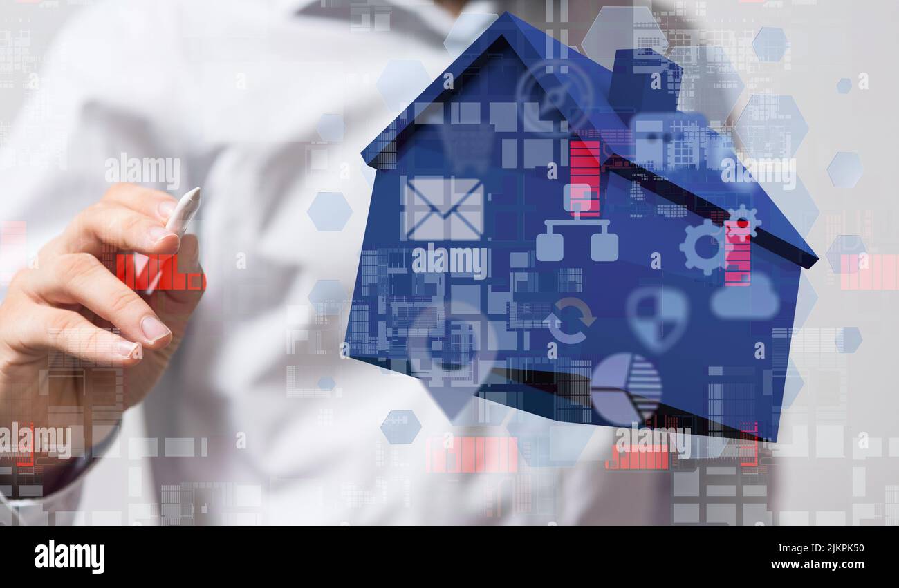 Un rendering 3D di una rete neurale con big data e cybersicurezza a casa Foto Stock