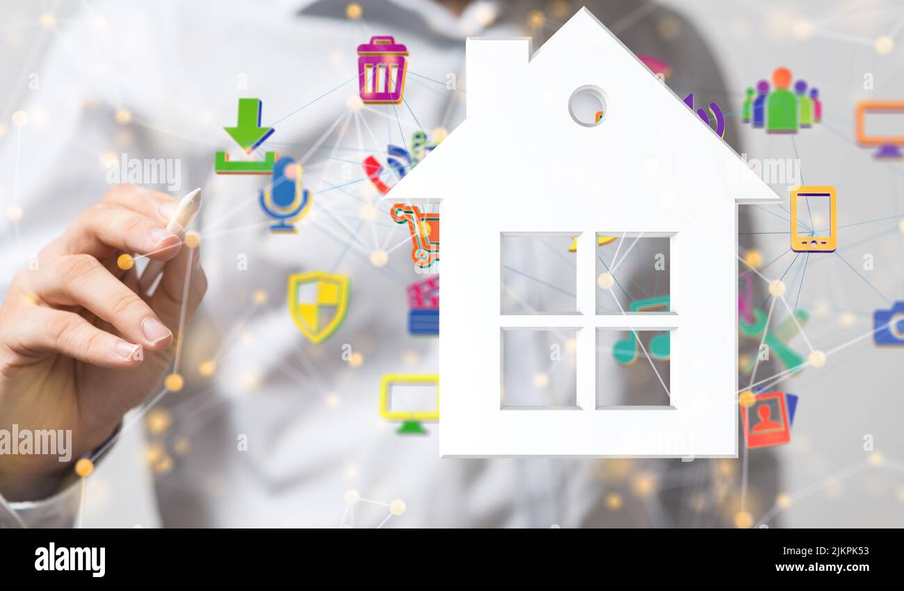 Un rendering 3D di una rete neurale con big data e cybersicurezza a casa Foto Stock