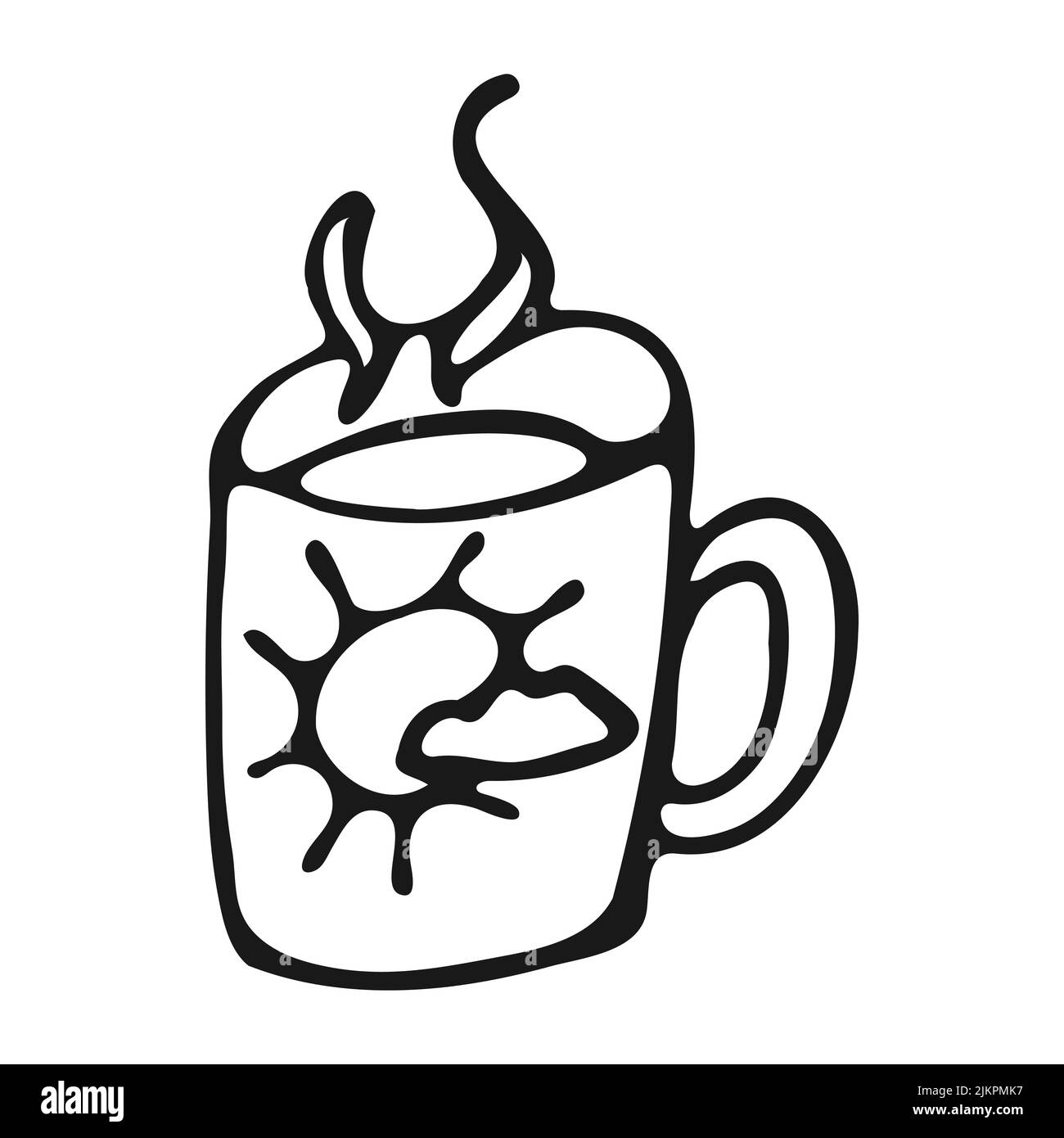 Tazza con bevanda calda in stile doodle. Tazza di caffè caldo o tè preparata a mano con vapore. Contorno nero di una tazza di cioccolata calda su sfondo bianco Illustrazione Vettoriale