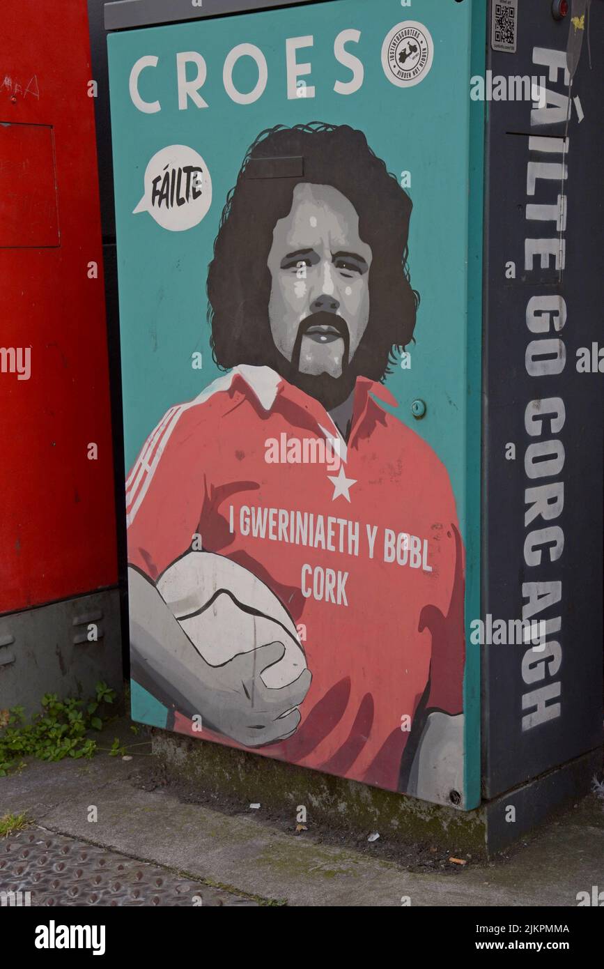 Street art su una cassetta elettrica a Cork City, 'Benvenuti a Cork' e 'Repubblica popolare di Cork'. Cork City, luglio 2022 Foto Stock