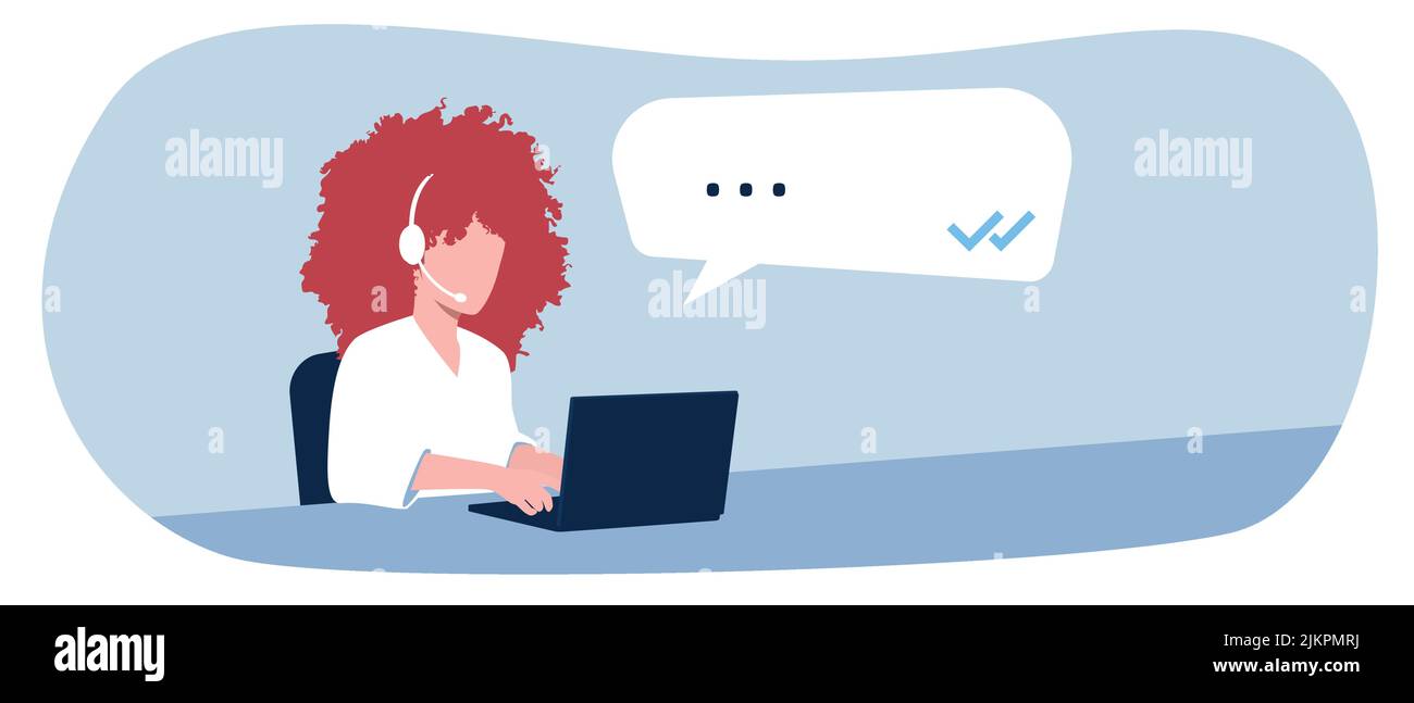 Donna del call center che lavora e parla al telefono mentre digita sul computer. Assistenza clienti. Contact us Concept. Modello di illustrazione vettoriale. Illustrazione Vettoriale