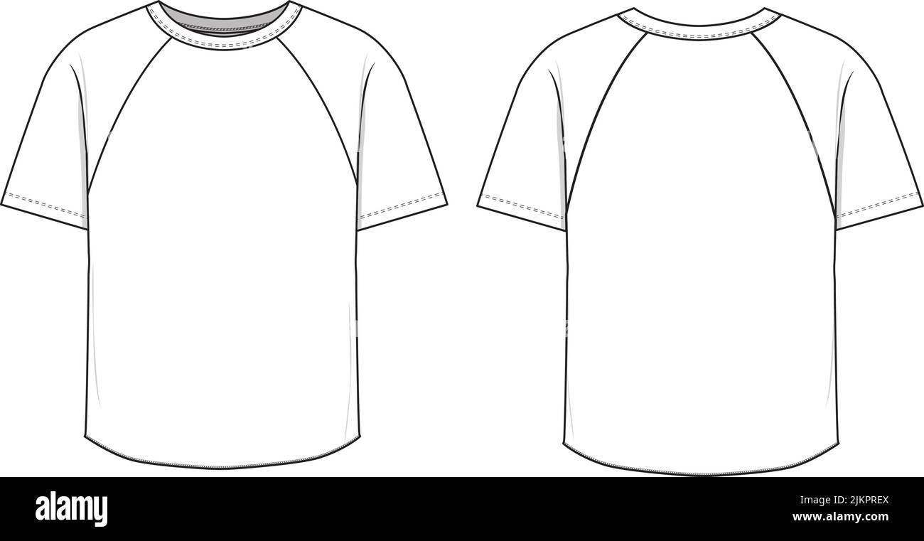 Maglia a manica Raglan vettoriale moda T piatta disegno tecnico illustrazione manica corta bianco streetwear modello mock-up per design e pacchetti tecnologici. Illustrazione Vettoriale
