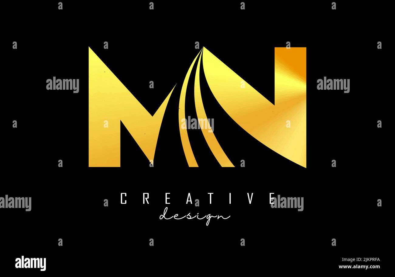 Logo creativo in lettere d'oro Mn m n con linee di punta e design di concetto stradale. Lettere con disegno geometrico. Illustrazione vettoriale con lettera e crea Illustrazione Vettoriale