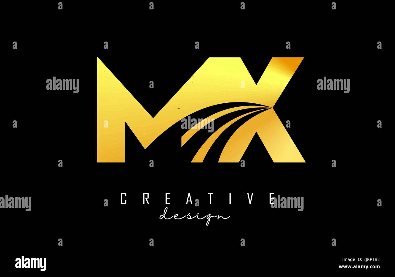 Logo MX m x con lettere d'oro creative con linee di punta e design di concetto stradale. Lettere con disegno geometrico. Illustrazione vettoriale con lettera e crea Illustrazione Vettoriale