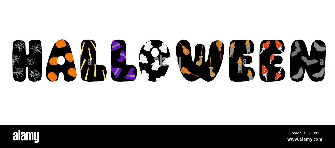 Halloween parola decorata con ragnatela, pipistrelli, casa, candela, fantasma, scopa, zucca, cappello, fungo per poster, arredamento per la casa o la festa, scritta festa autunno Illustrazione Vettoriale