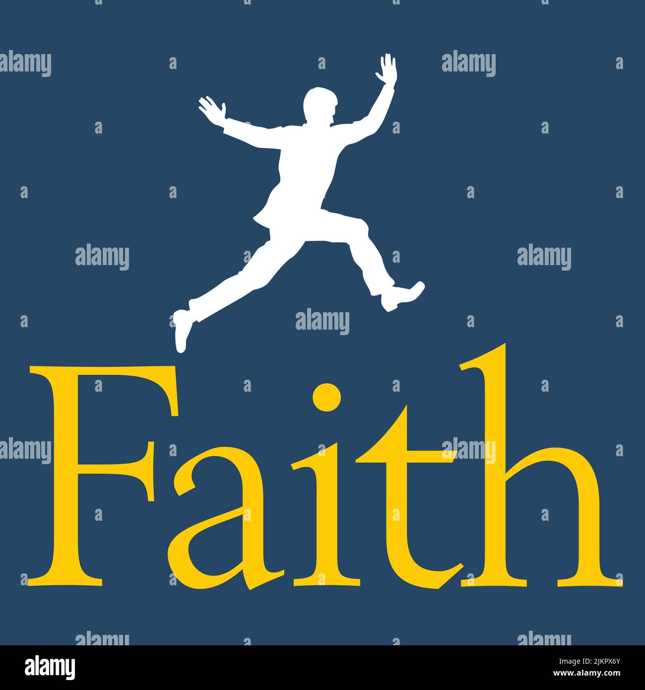 Illustrazione vettoriale del salto di fede. Silhouette di uomo che si aggetta attraverso la parola Faith. Illustrazione Vettoriale