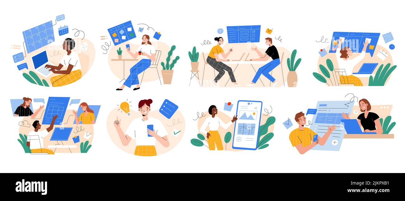 Persone che prendono, condividono note, concetto di esperienza utente, gestione dei progetti, utilizzo di notebook, interfaccia dell'applicazione telefono. Creazione di tabelle, tavole kanban Illustrazione Vettoriale