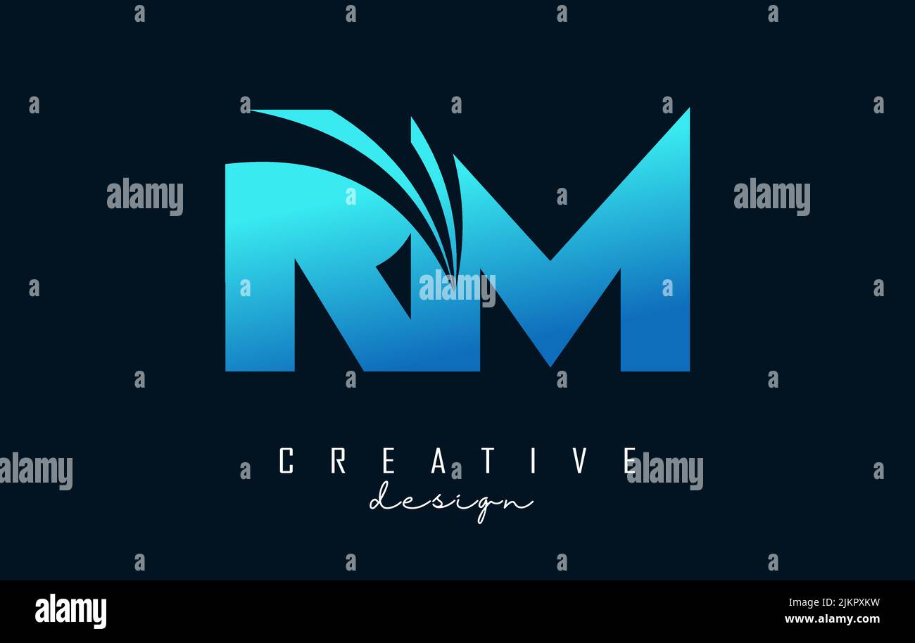 Logo creativo in blu con lettere RM r m con linee di punta e design Road Concept. Lettere con disegno geometrico. Illustrazione vettoriale con lettera e creati Illustrazione Vettoriale