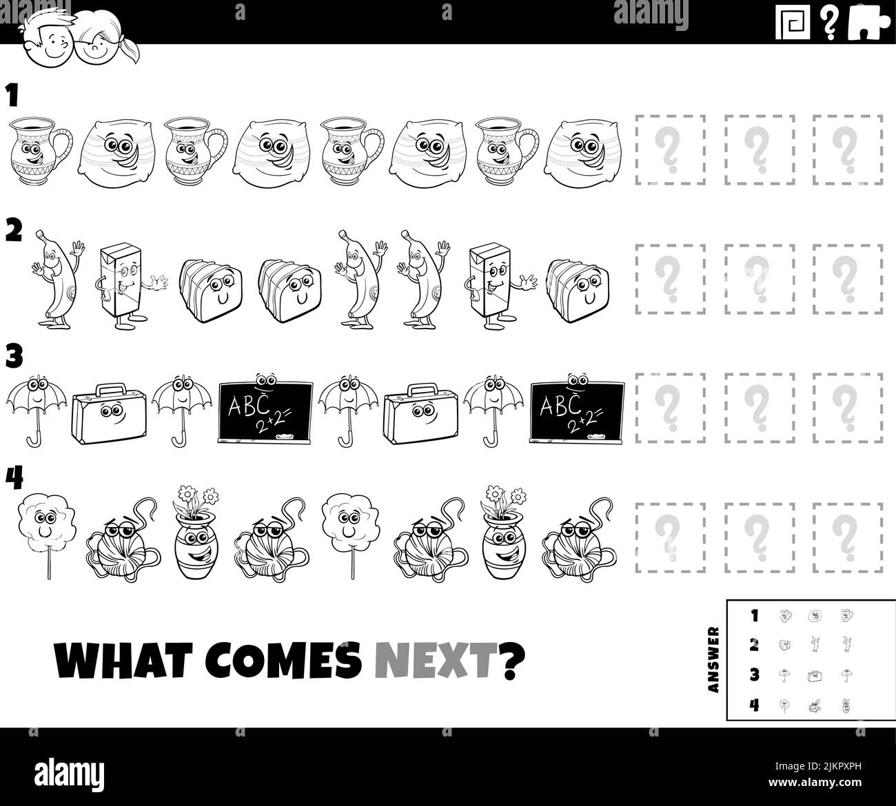Cartoon in bianco e nero che mostra come completare l'attività educativa del modello con la pagina di colorazione dei caratteri oggetto Illustrazione Vettoriale