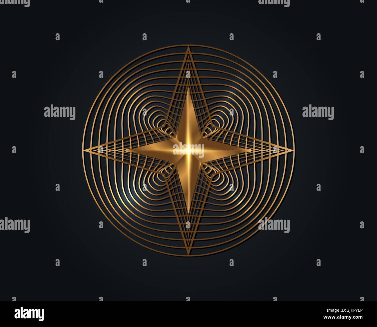 Gold 3D Four Point Star, Golden Circle elegante design Vector Logo, Beauty Decorative Logo Template, Luxury Sacred Geometry, motivo geometrico rotondo Illustrazione Vettoriale