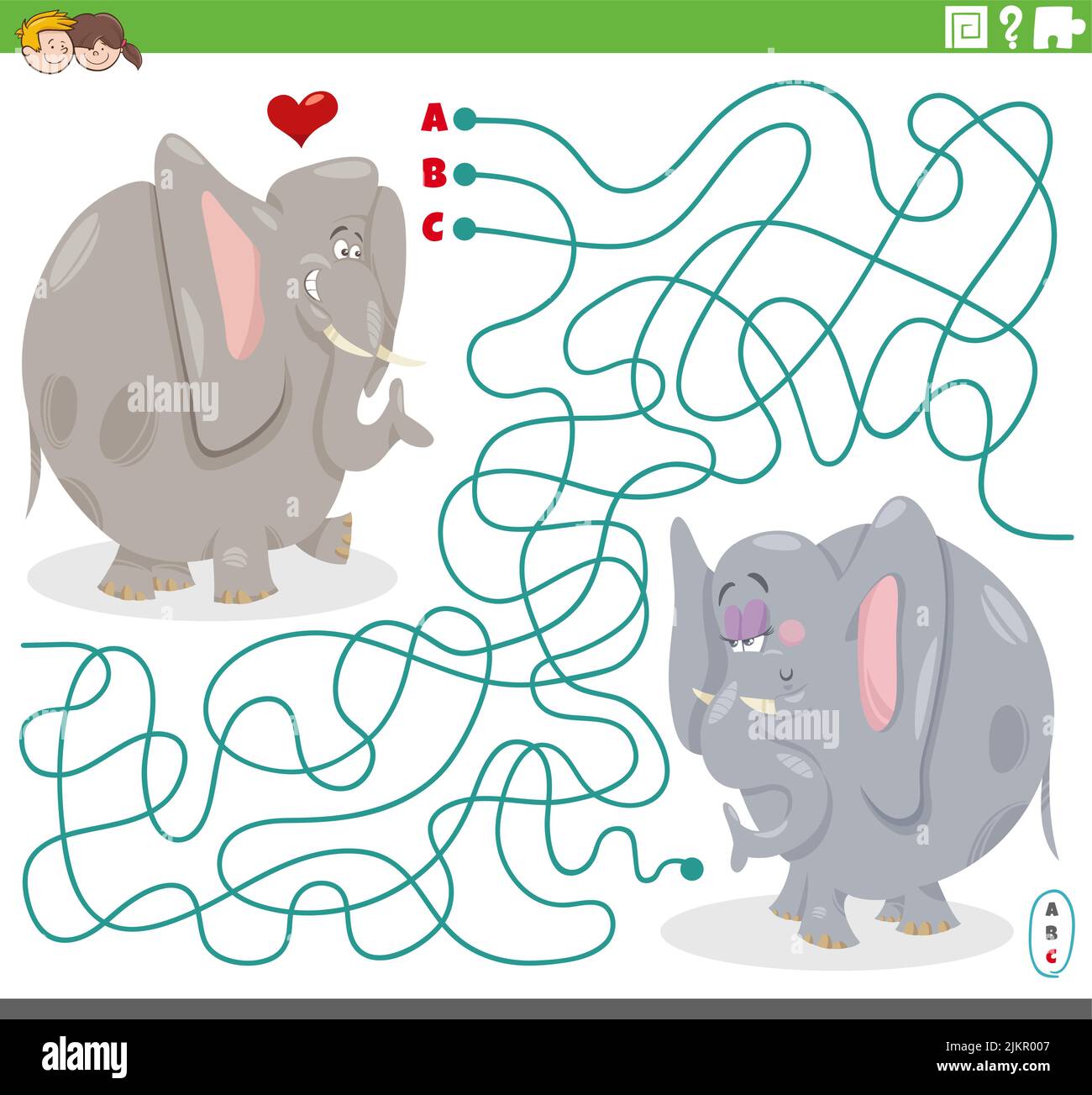 Illustrazione cartoon di linee gioco puzzle labirinto con fumetto elefante in amore Illustrazione Vettoriale