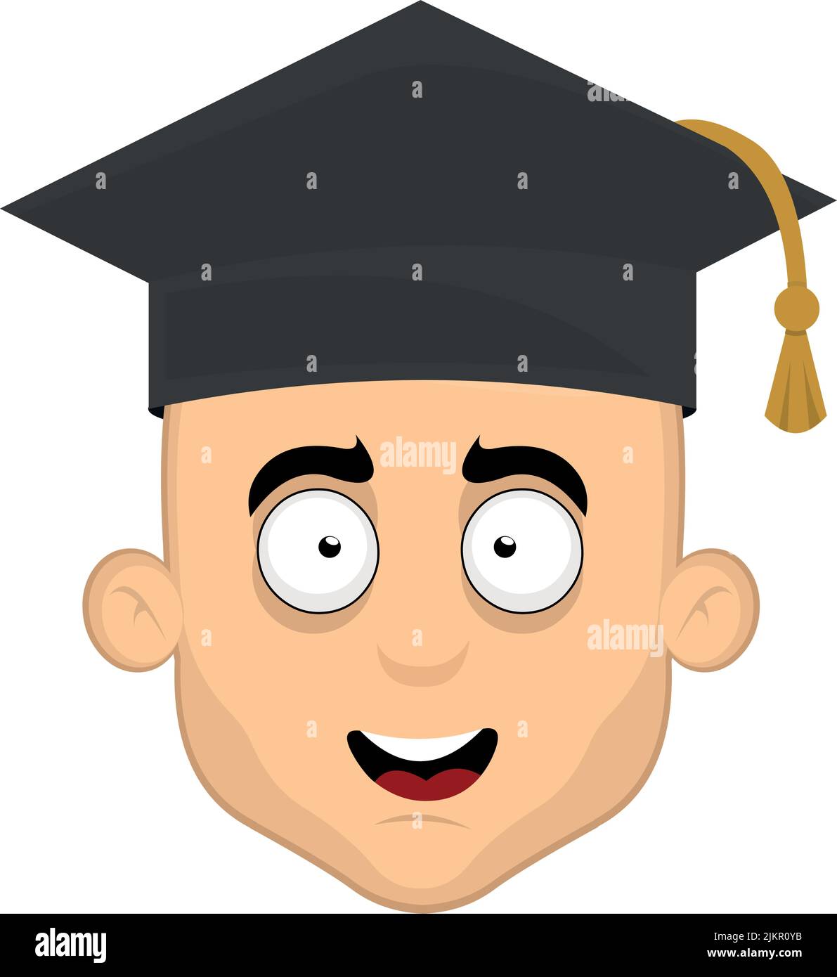 Illustrazione vettoriale del volto di un fumetto con un'espressione allegra e un cappello di laurea Illustrazione Vettoriale