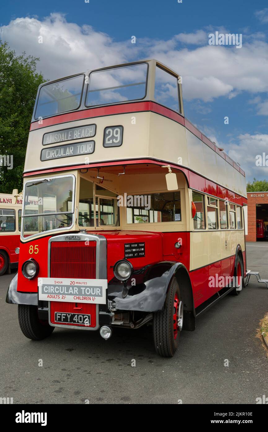 Southport Corporation, autobus scoperto Leyland Titan presso il museo dei trasporti Wythall Foto Stock