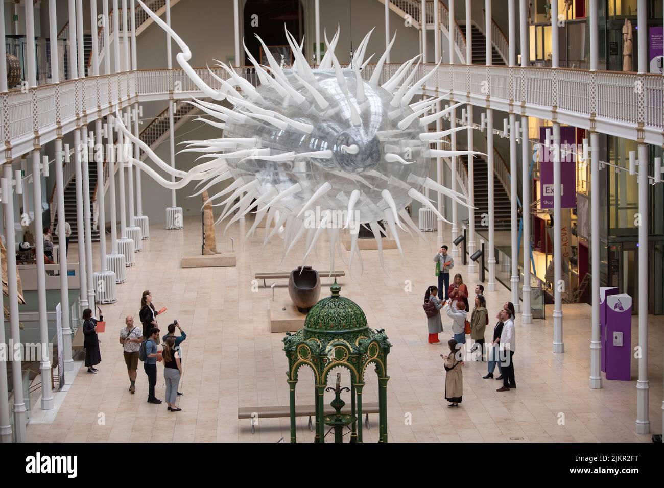 Edimburgo. Scozia, Regno Unito. 3rd ago 2022. La scultura gonfiabile di Luke Jerram lunga 90 piedi E.Coli, esposta per la prima volta in Scozia al National Museum of Scotland come parte del Festival d'Arte di Edimburgo. E.coli fa parte dell'Edinburgh Art Festival con il supporto dell'Università di Sheffield e del fondo strategico prioritario dell'UKRI "Building collaboration at the physics of life interface". PIC Credit: Pako Mera/Alamy Live News Foto Stock