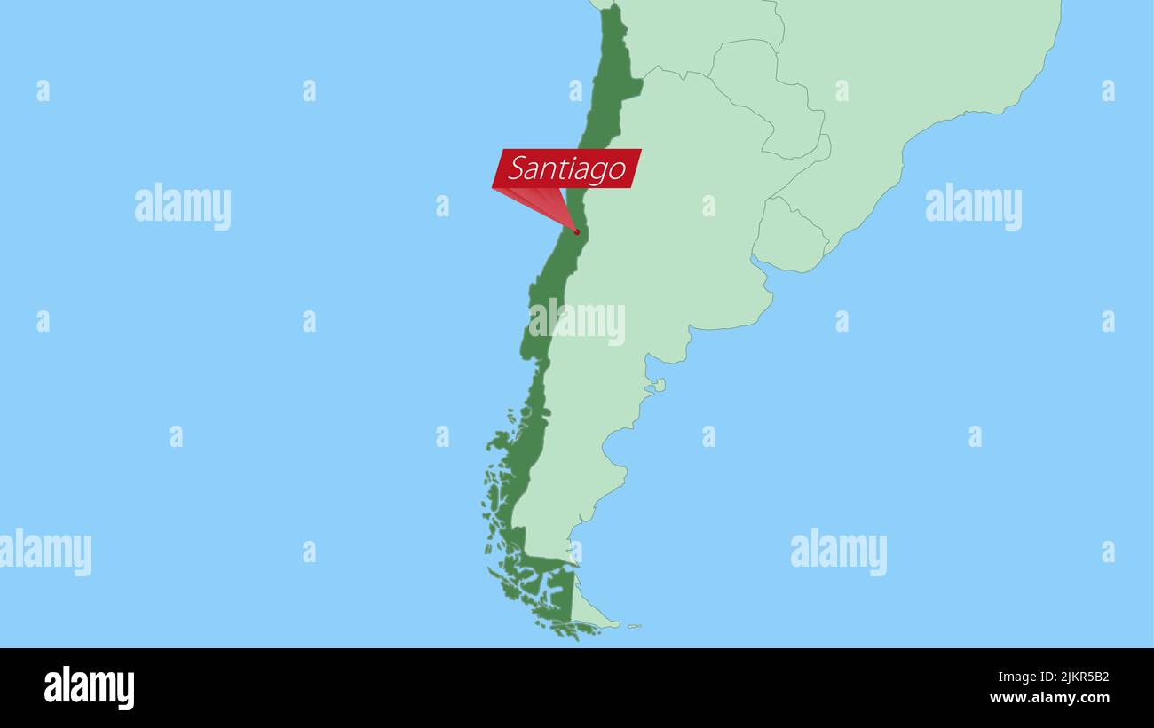 Mappa del Cile con pin della capitale del paese. Mappa del Cile con paesi vicini di colore verde. Illustrazione Vettoriale