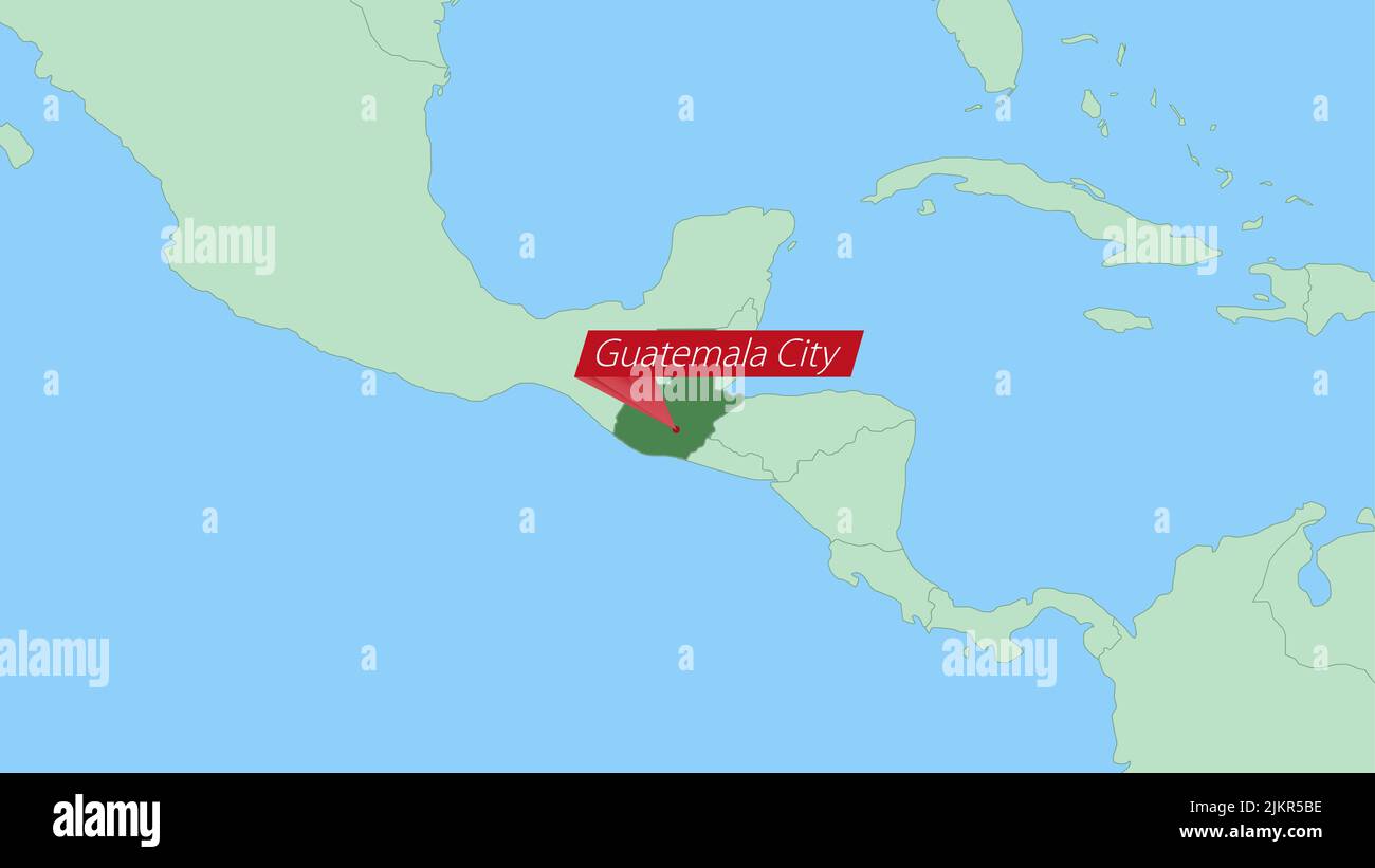 Mappa del Guatemala con pin della capitale del paese. Guatemala Mappa con paesi vicini di colore verde. Illustrazione Vettoriale