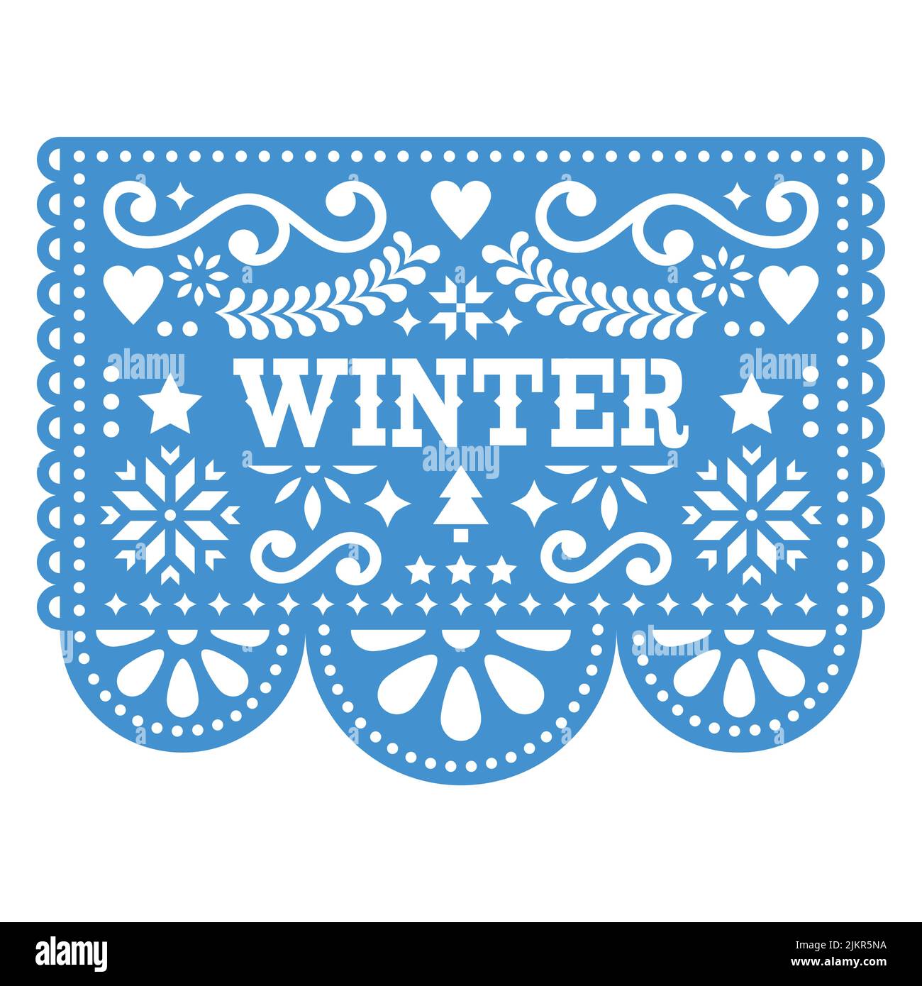 Papel Picado winter vettoriale design con fiocchi di neve e pini - tradizionale decorazione di ghirlanda di carta ritagliata dal Messico Illustrazione Vettoriale
