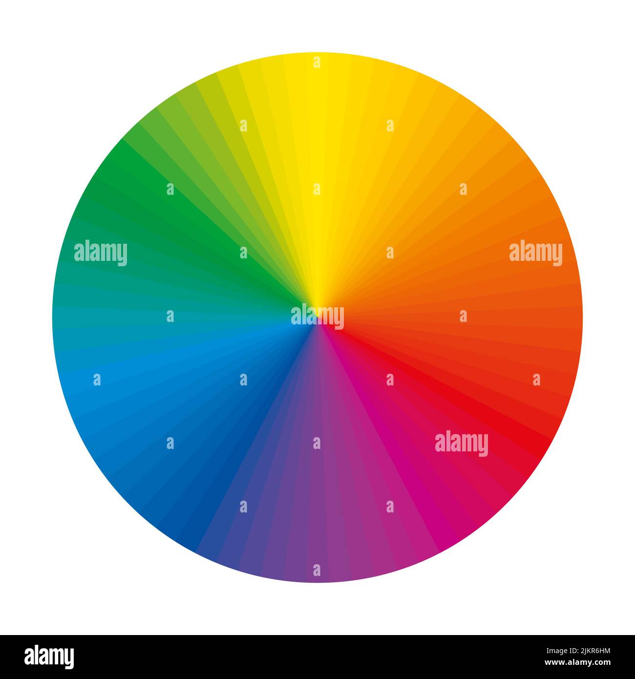 Ruota dei colori con uno spettro esteso di segmenti di colore complementari. Cerchio con 72 sezioni color arcobaleno e sfumature di colore uniche, usate nell'arte Foto Stock