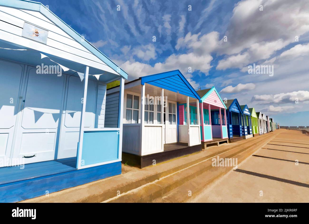 Capanne sulla spiaggia di Southwold fronte mare. Foto Stock