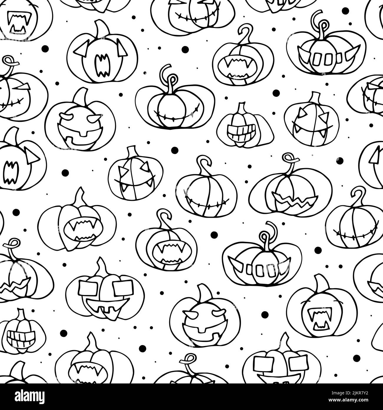 Senza cuciture Halloween motivo pauroso zucche. Contorno viso divertente, creepy, sorridente su sfondi bianchi. Doodle personaggi autunnali. Felice Halloween simbolo. Illustrazione Vettoriale