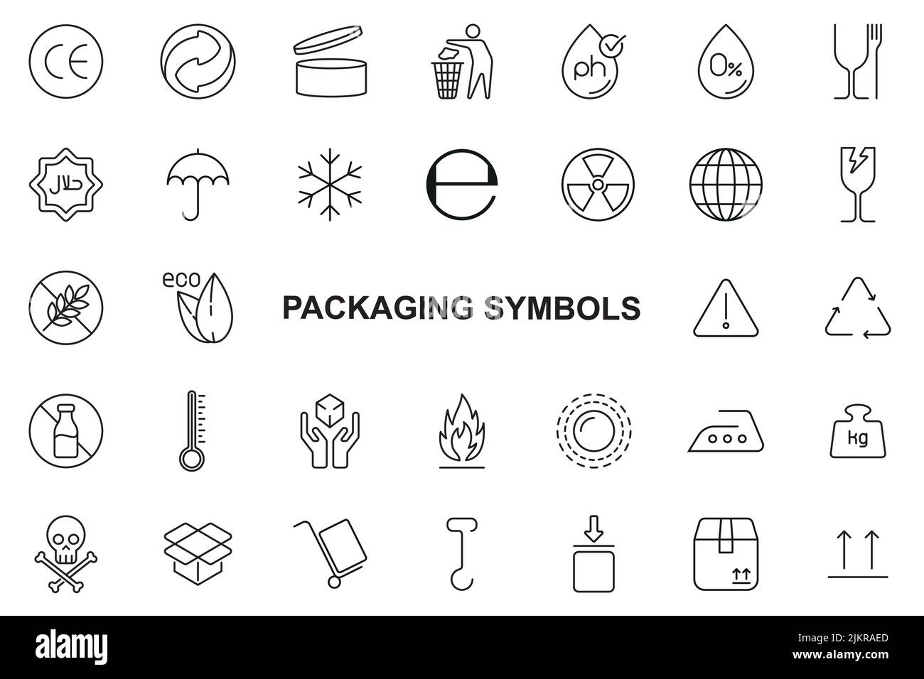 Simboli di imballaggio - tratto modificabile su sfondo bianco Illustrazione Vettoriale