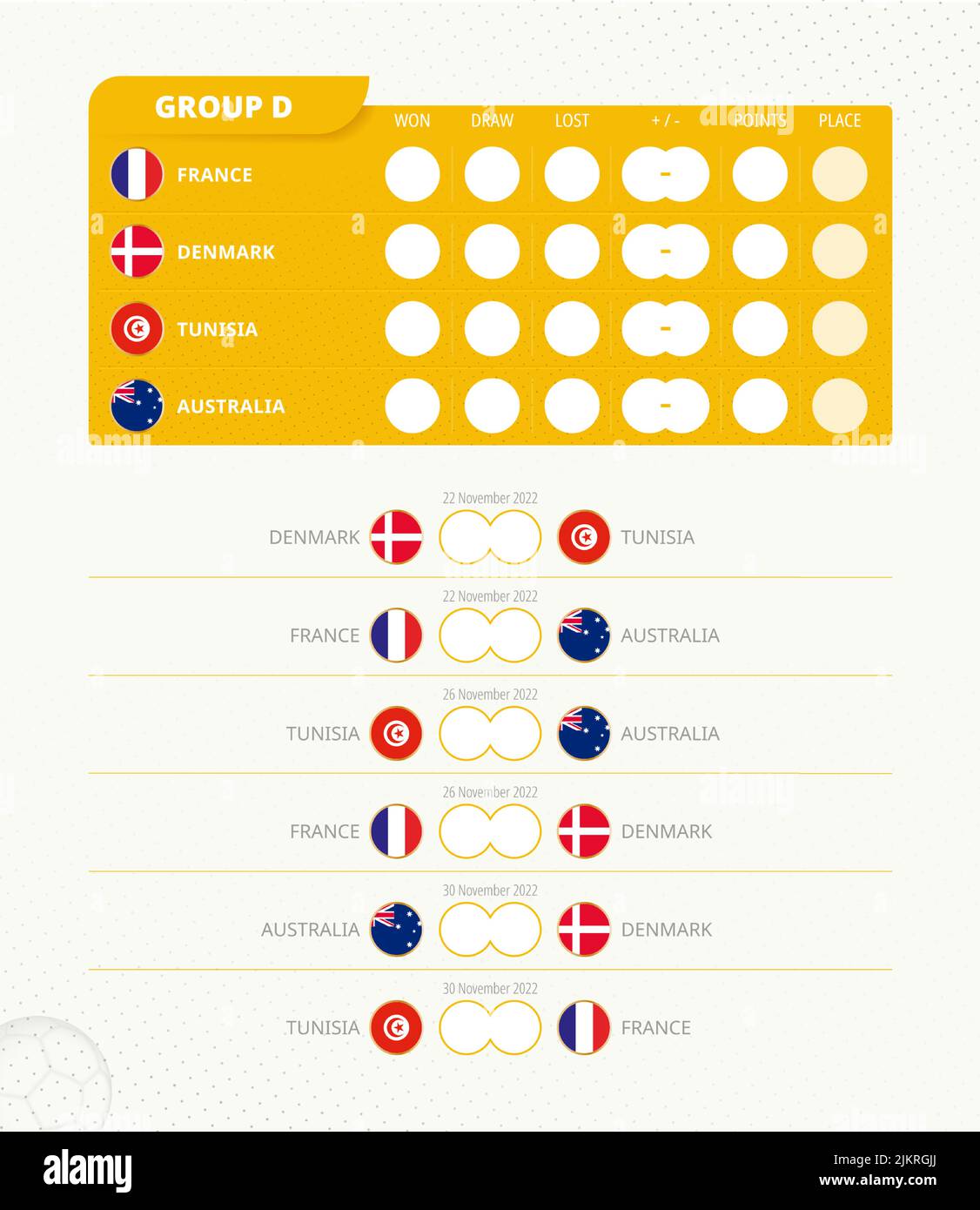 Quadro di valutazione del gruppo D del torneo di calcio mondiale 2022. Tutti i giochi programma partita. Allarme vettore del gruppo D. Illustrazione Vettoriale