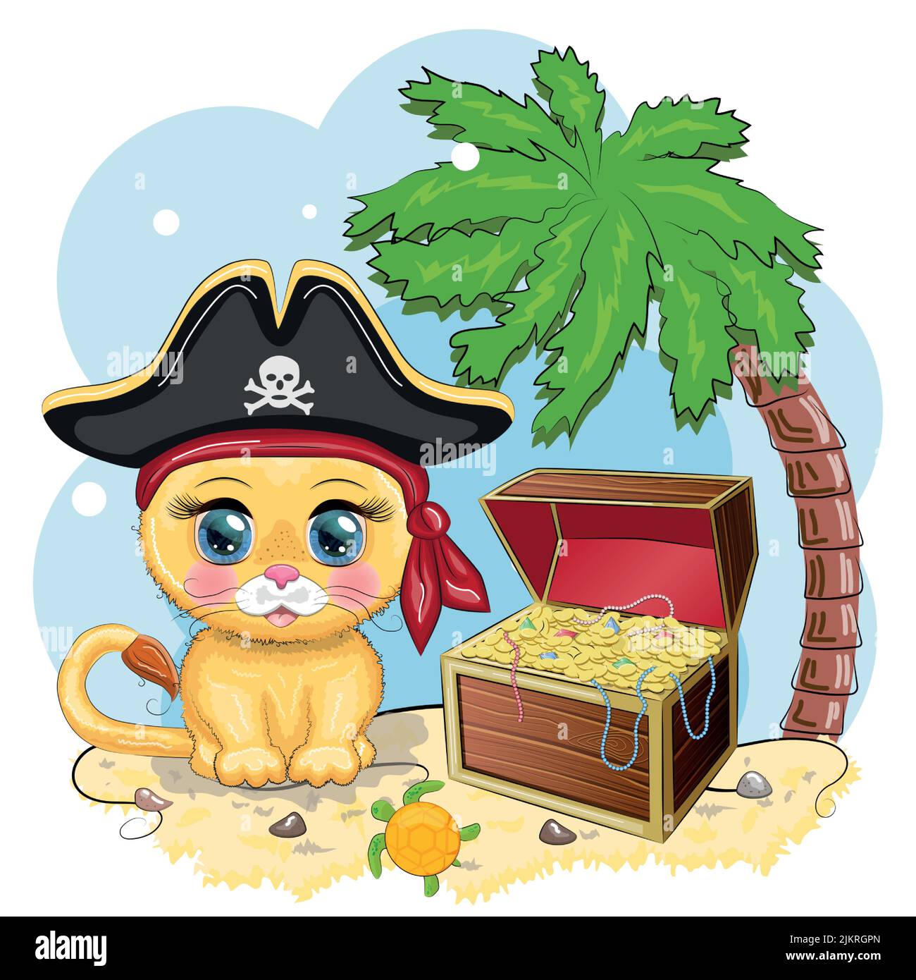 Pirata leone, personaggio cartoon del gioco, gatto animale selvatico in una bandana e un cappello nascosto con un cranio, con una patch occhio. Carattere con occhi luminosi Illustrazione Vettoriale