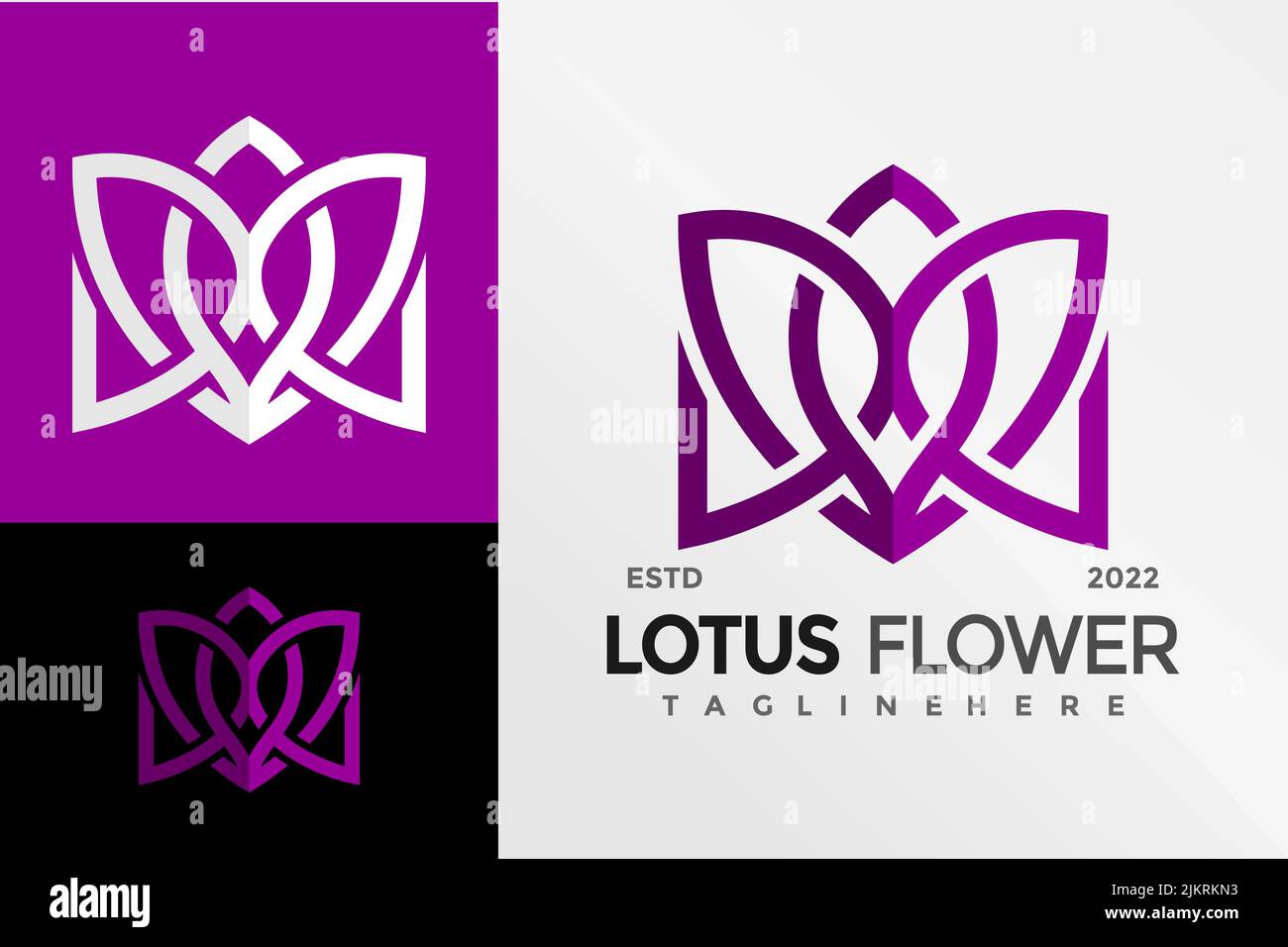 Un disegno digitale di un modello di logo fiore di loto con una tavolozza viola, bianca e nera Illustrazione Vettoriale
