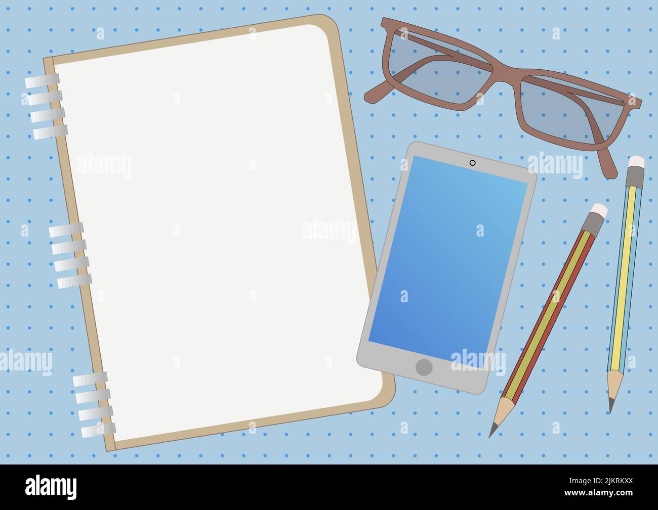 Una vista dall'alto di un notebook con un telefono cellulare, occhiali e due matite su un tavolo blu organizzato Illustrazione Vettoriale Una vista dall'alto di un notebook con un telefono cellulare, occhiali e due matite su un tavolo blu organizzato Illustrazione Vettoriale