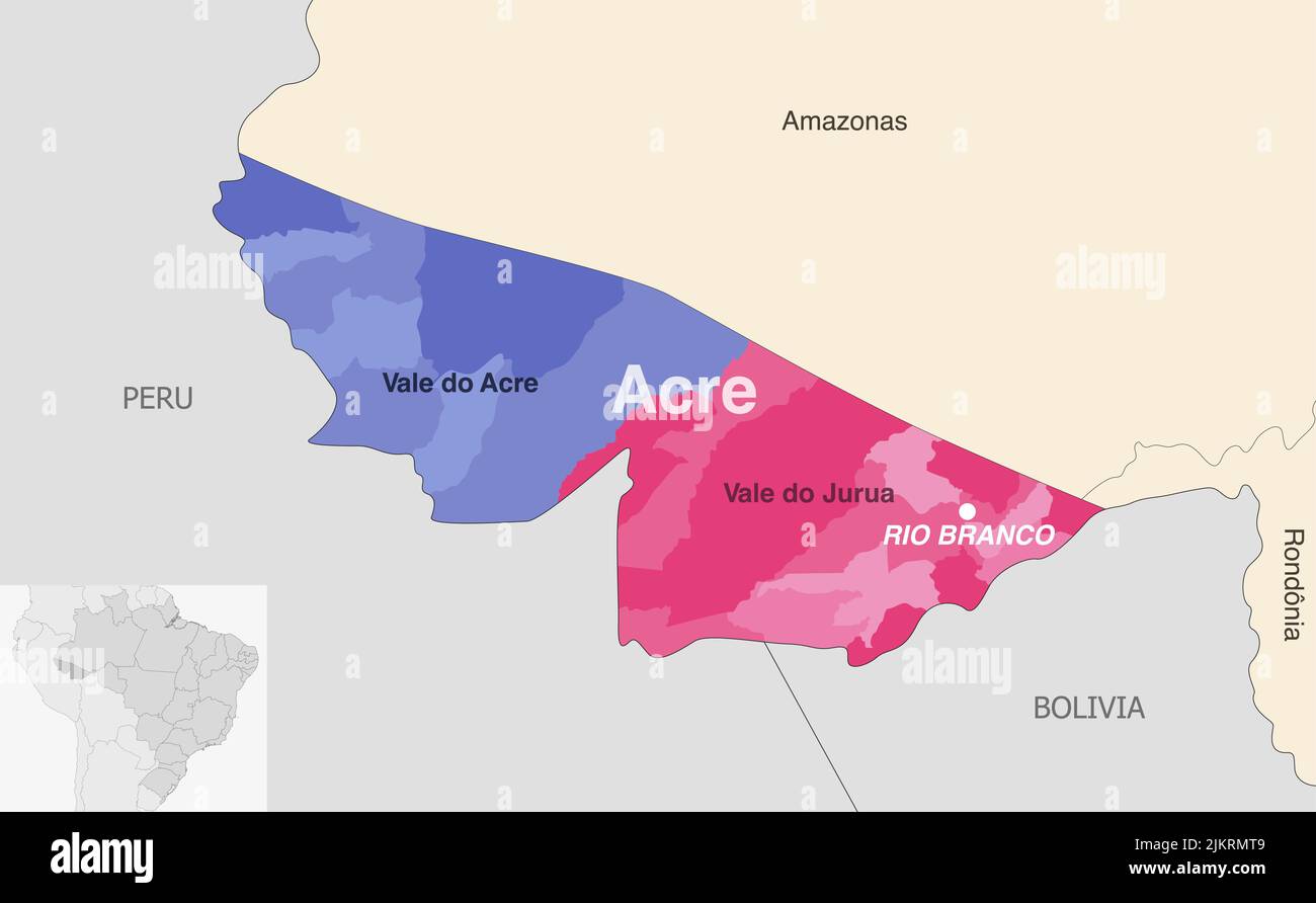 Brasile stato Acre mappa amministrativa che mostra i comuni colorati per regioni di stato (mesoregioni) Illustrazione Vettoriale