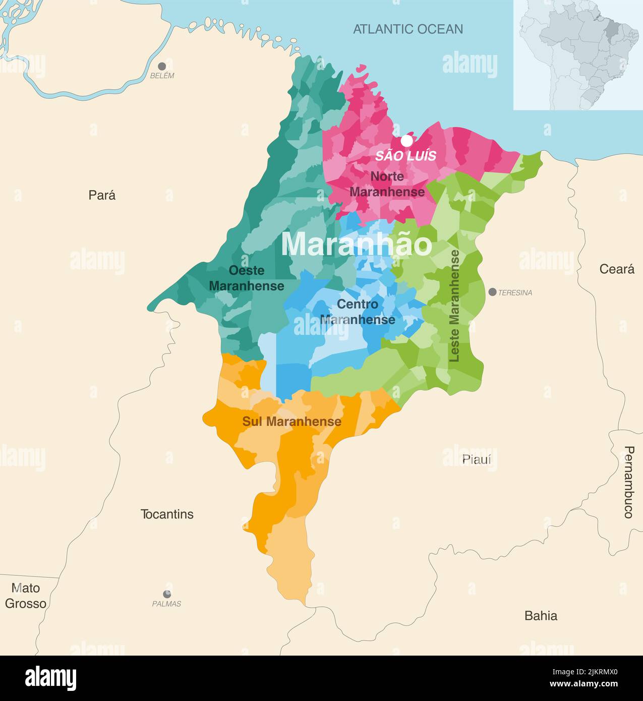 Brasile stato Maranhao mappa amministrativa che mostra i comuni colorati per regioni di stato (mesoregioni) Illustrazione Vettoriale