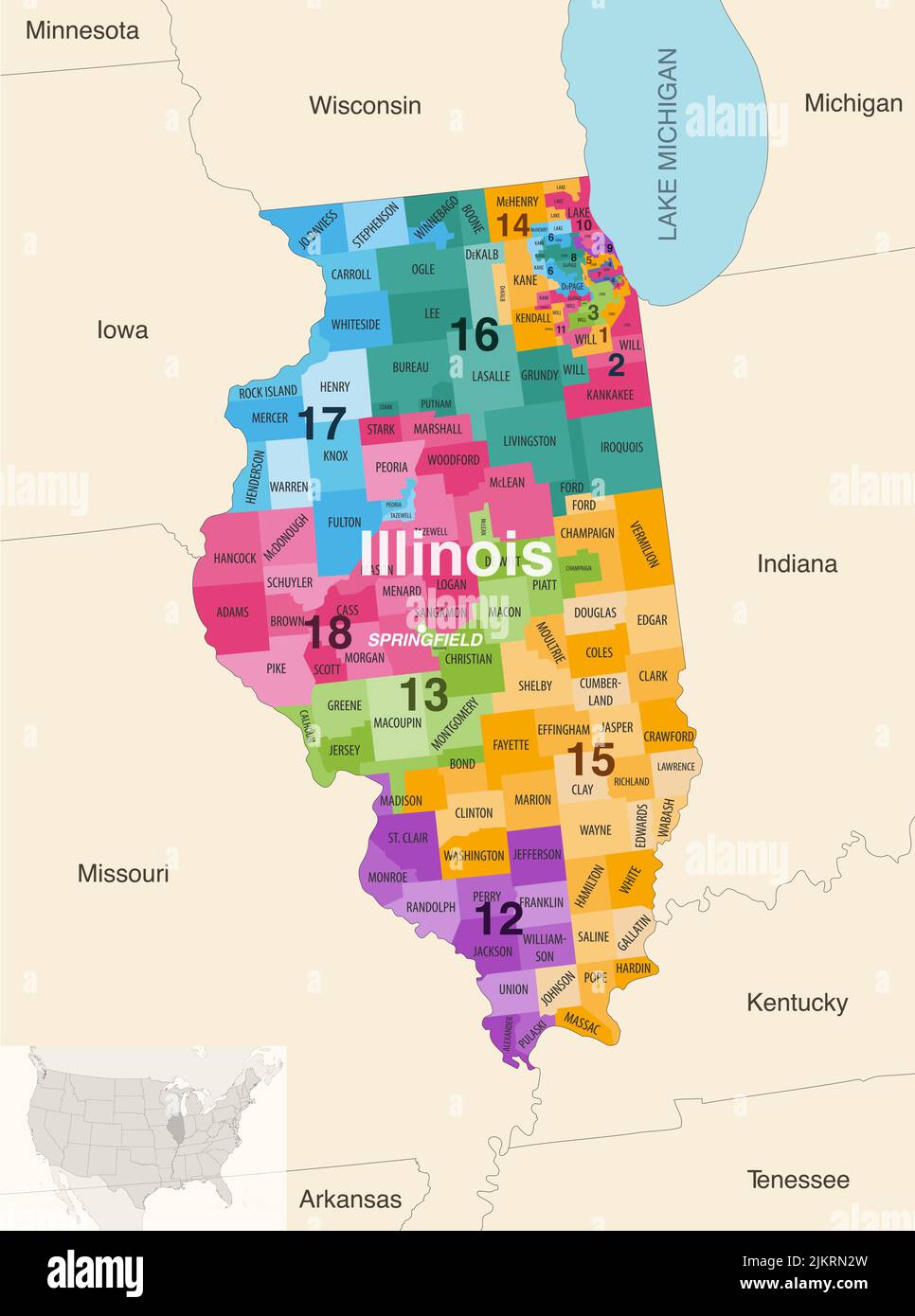 Le contee dello stato dell'Illinois colorate da una mappa vettoriale dei distretti del Congresso con gli stati vicini e le terrotorie Illustrazione Vettoriale