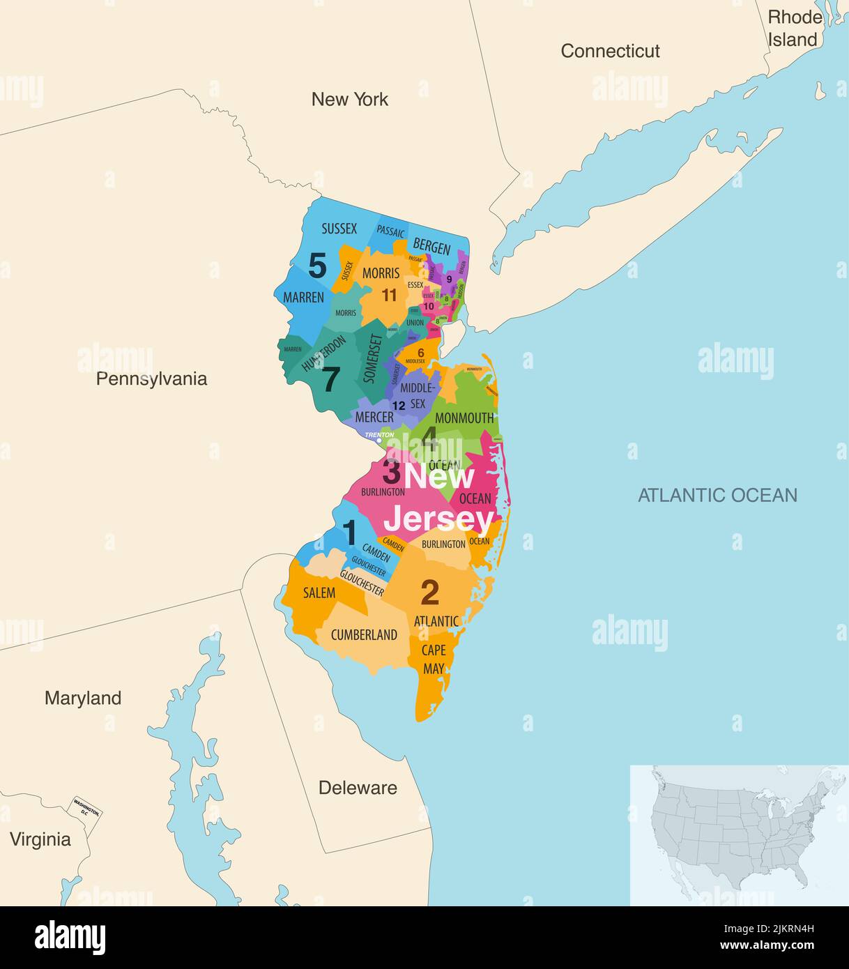Contee dello stato del New Jersey colorate da una mappa vettoriale dei distretti del Congresso con stati e terrotorie vicini Illustrazione Vettoriale